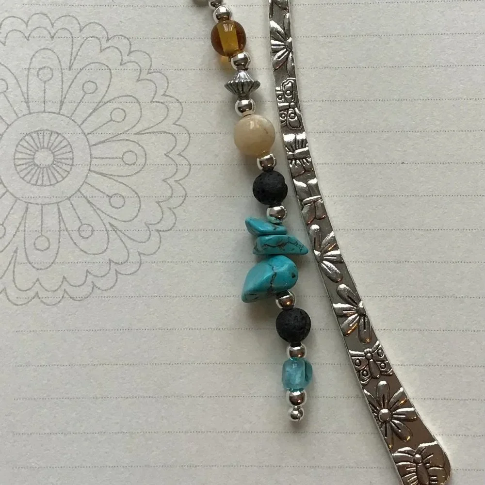 Tibetan Metal Essential Oil Bookmark Flower Engraved‎ - Yellow Jade - Turquoise